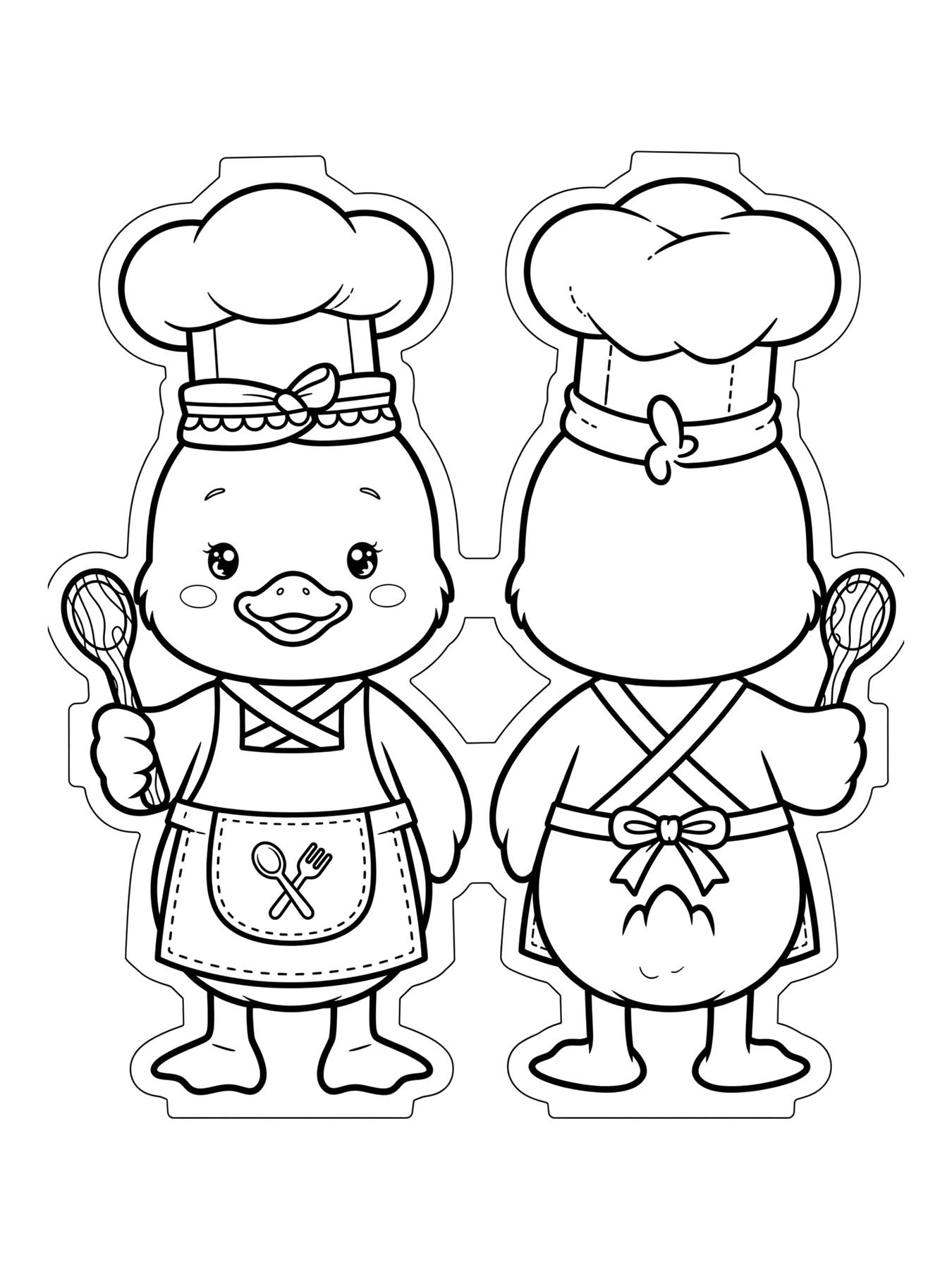Desenho de molde de paper duck com roupa de chef, frente e verso para colorir