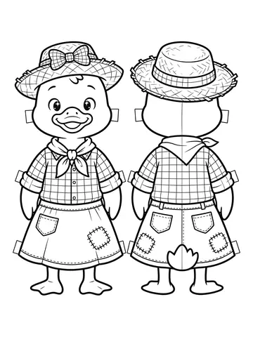 Desenho de molde de paper duck com roupa de festa junina, frente e verso para colorir