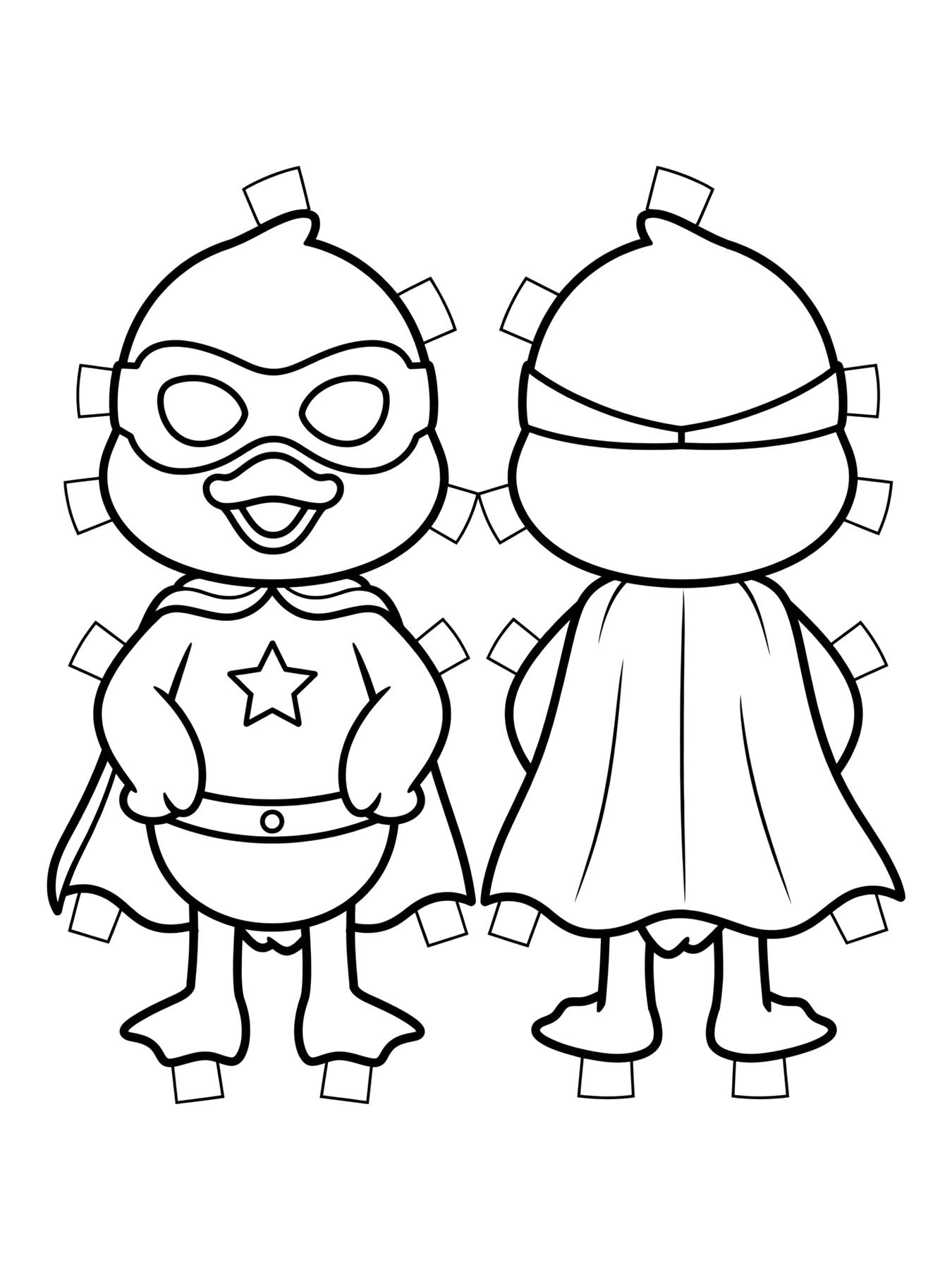 Desenho de molde de paper duck com roupa de super-herói original, frente e verso para colorir