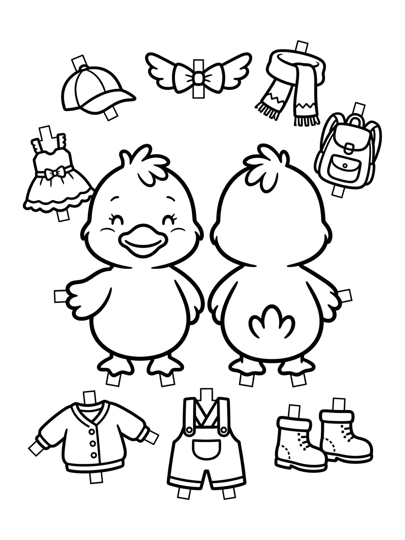 Desenho de molde de paper duck patinho com roupinhas para recortar para colorir