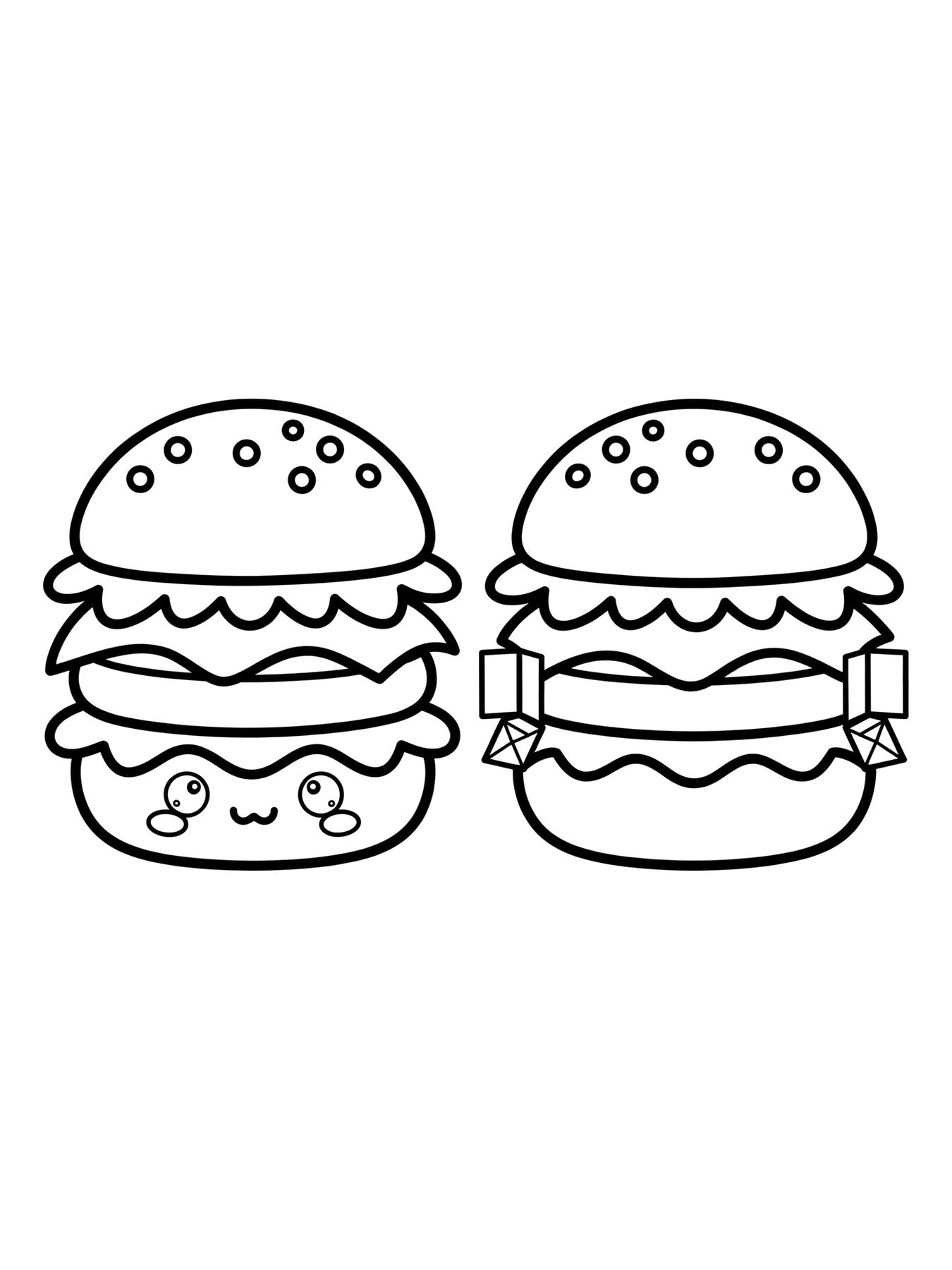 Desenho de molde de paper squishy de hamburguer fofo, frente e verso para colorir