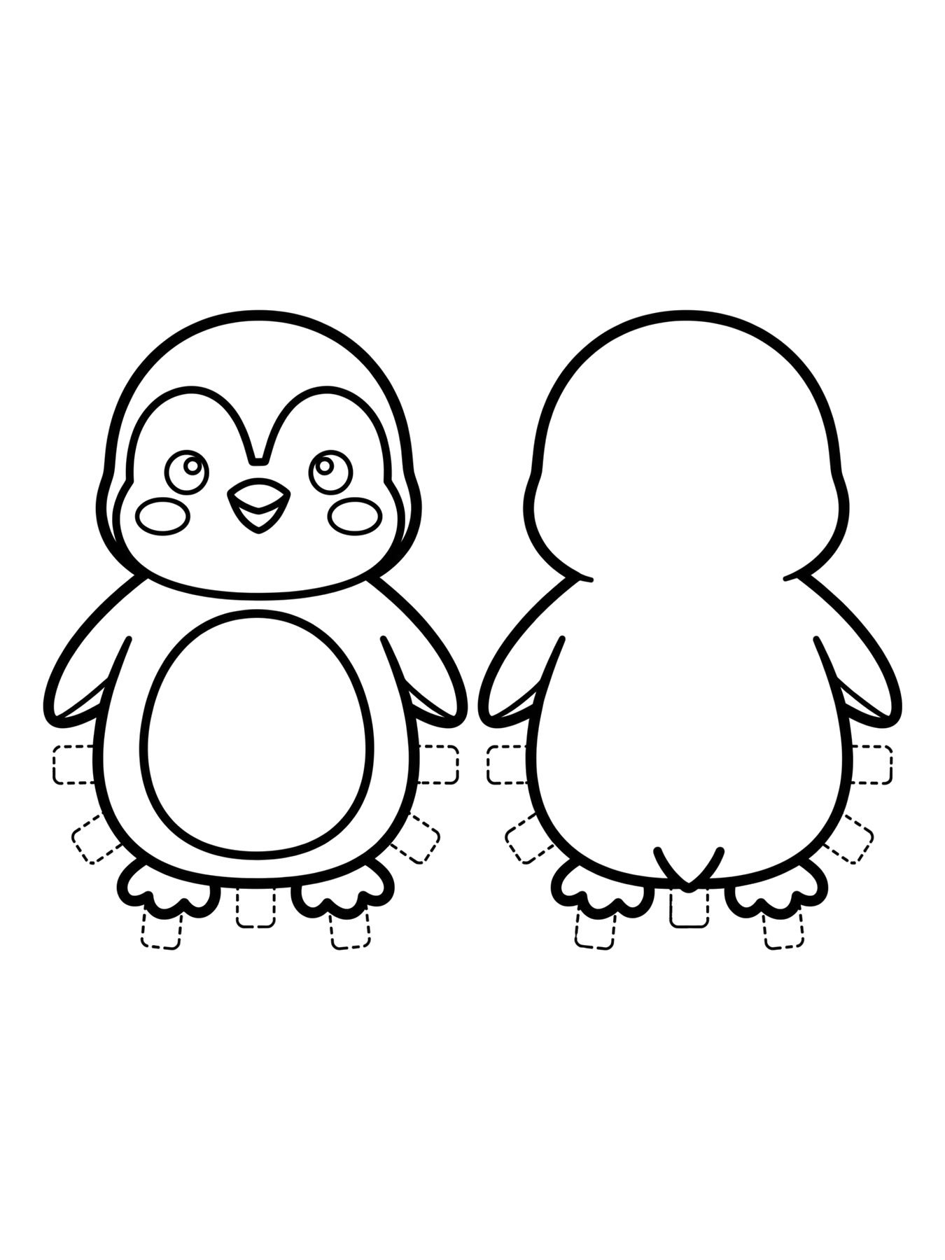 Desenho de molde de paper squishy de pinguim, frente e verso para colorir