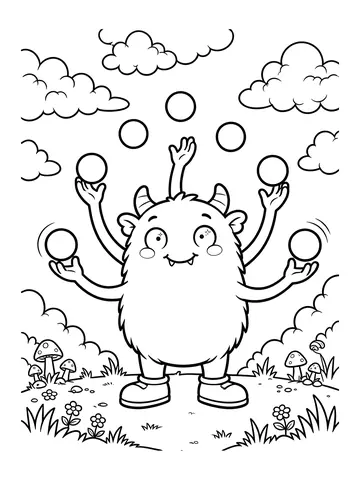 Desenho de monstrinho de cinco braços fazendo malabares para colorir