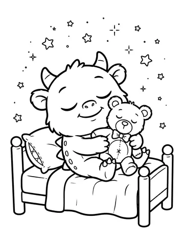 Desenho de monstrinho dormindo abraçado num ursinho para colorir