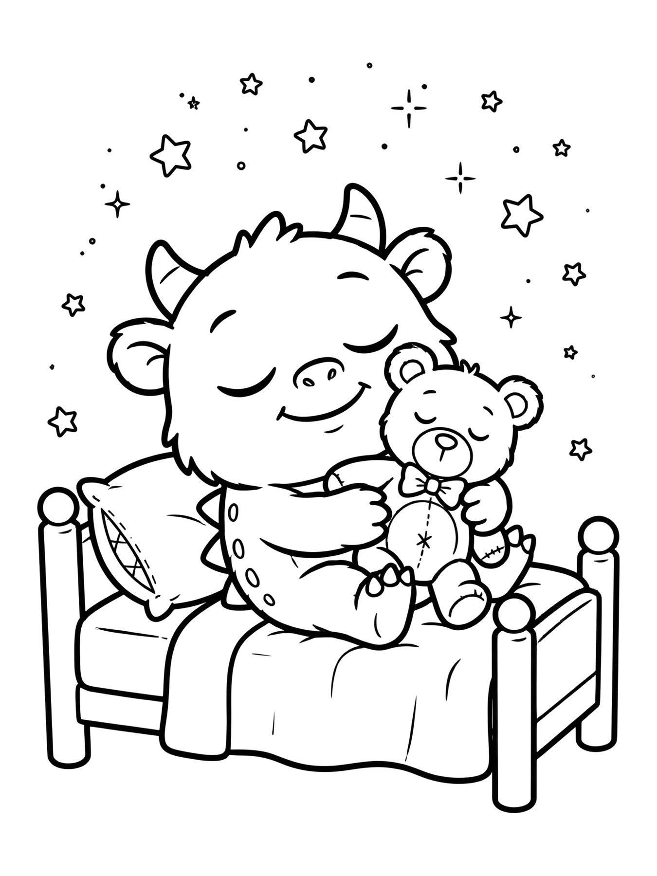 Desenho de monstrinho dormindo abraçado num ursinho para colorir