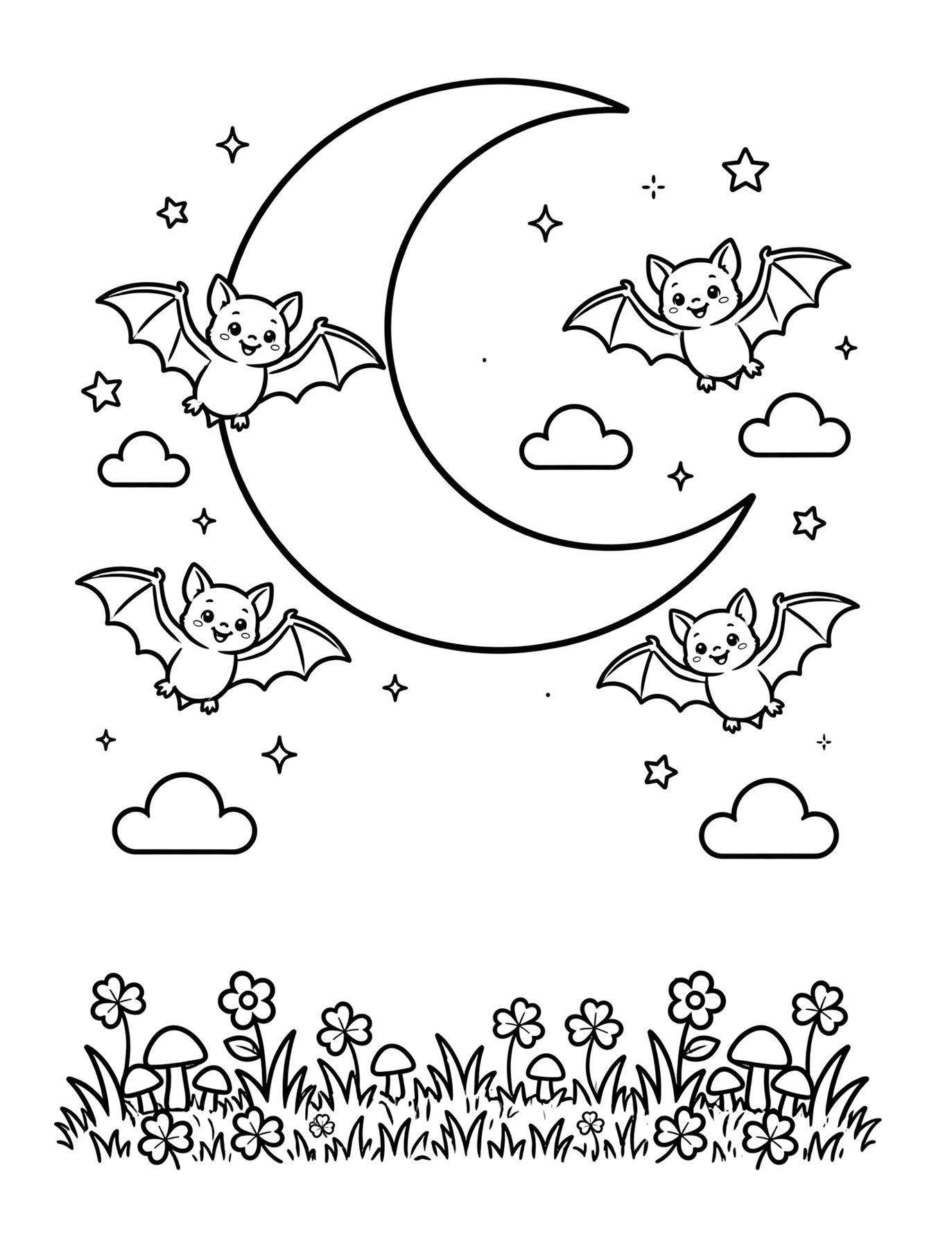 Desenho de morceguinhos fofos na lua para colorir