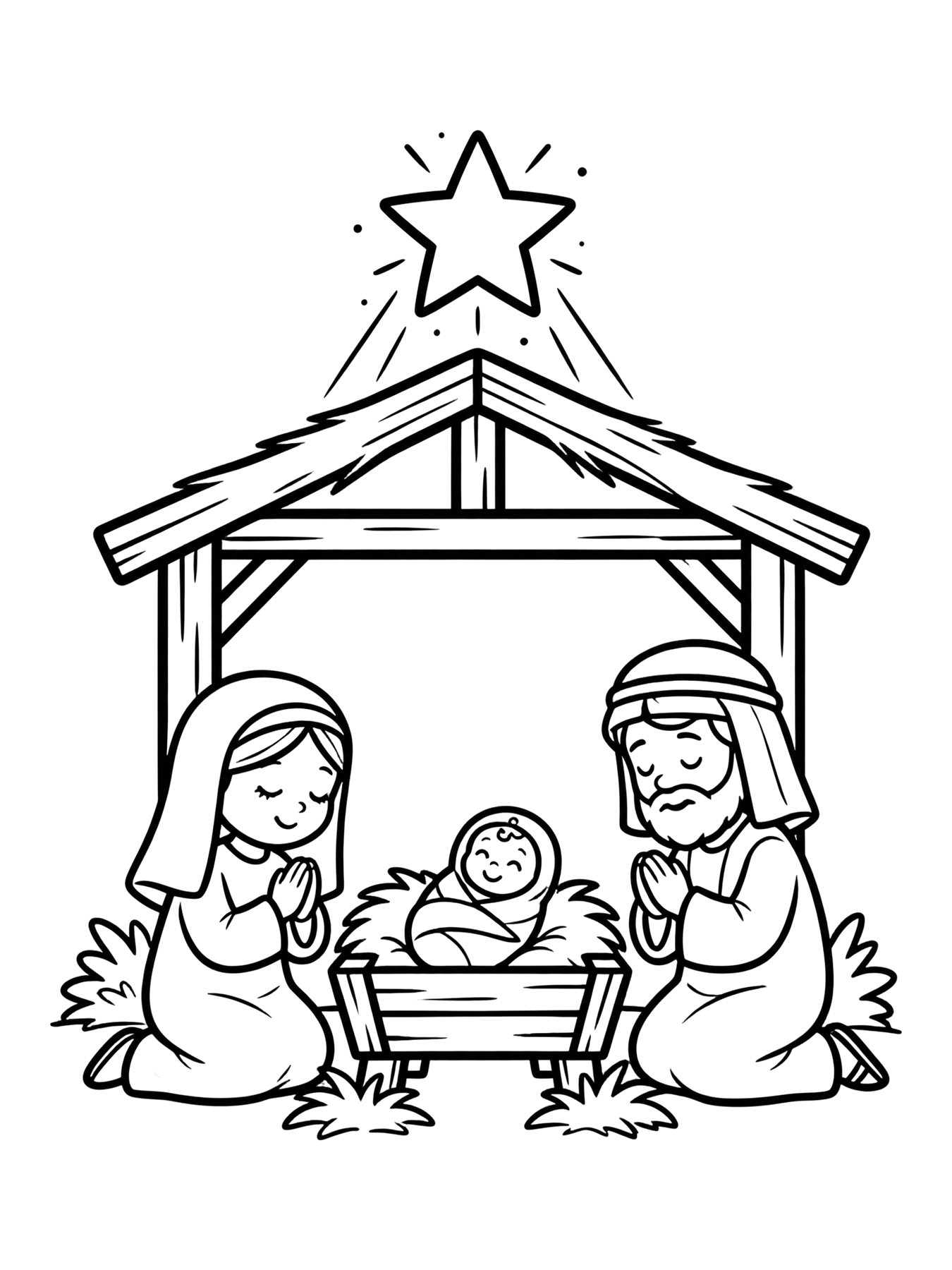 Desenho de natividade com Maria e José para colorir