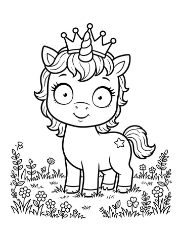 Desenho de nina a unicórnio com coroa de princesa para colorir