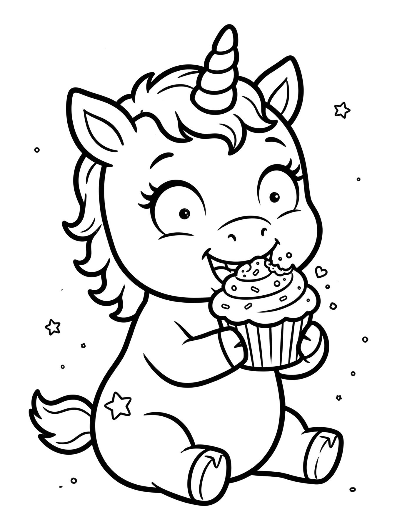 Desenho de nina a unicórnio comendo um cupcake para colorir