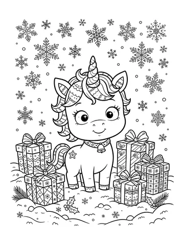 Desenho de nina a unicórnio na neve com presentes para colorir