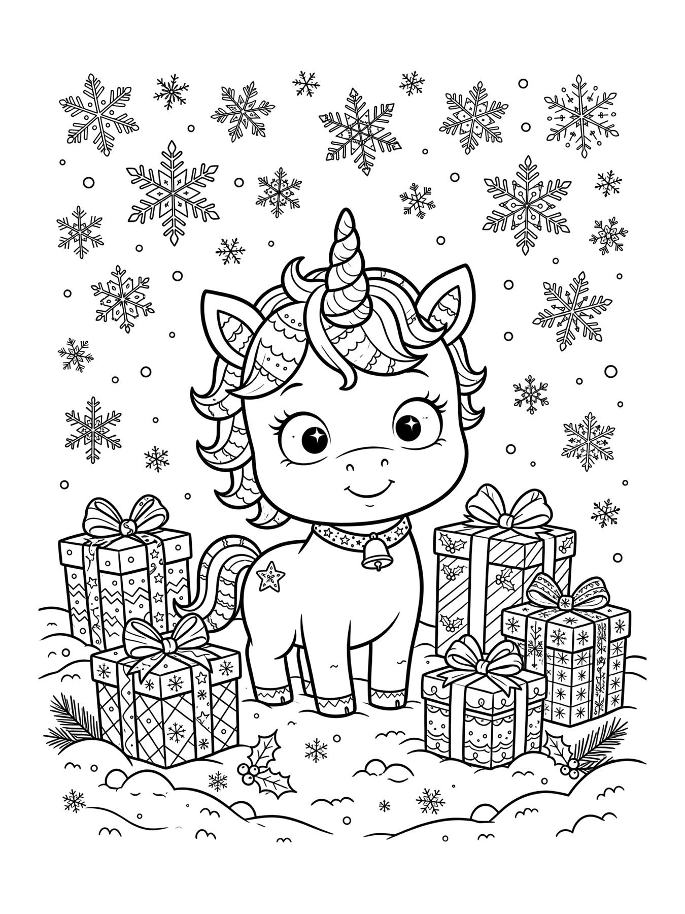 Desenho de nina a unicórnio na neve com presentes para colorir