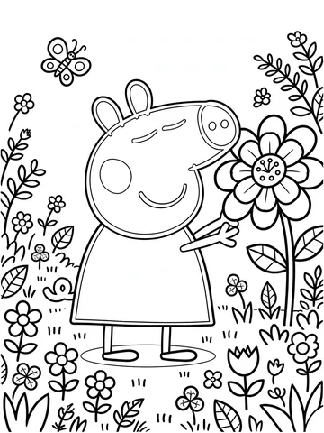Desenho de Peppa Pig no jardim para colorir