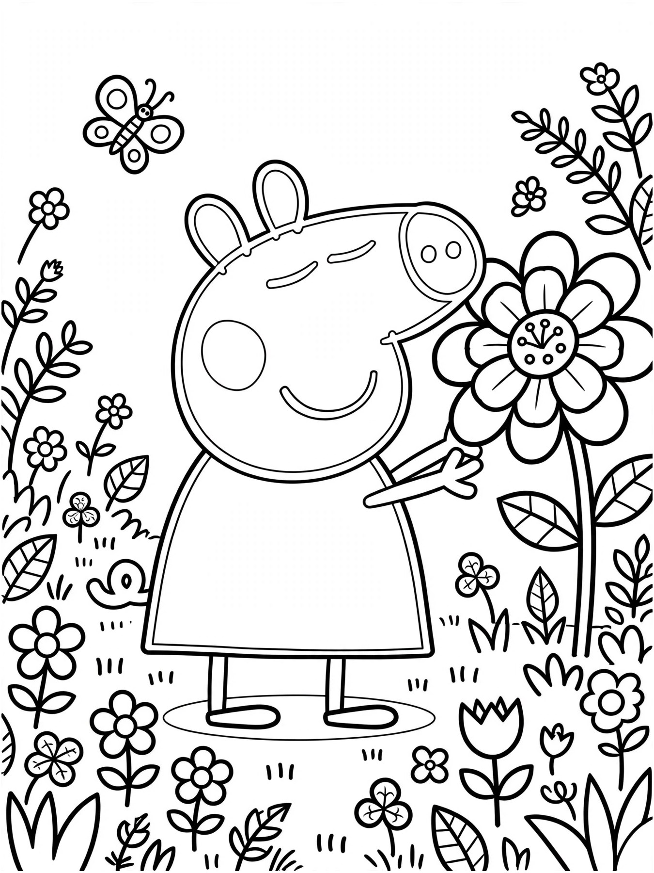 Desenho de Peppa Pig no jardim para colorir