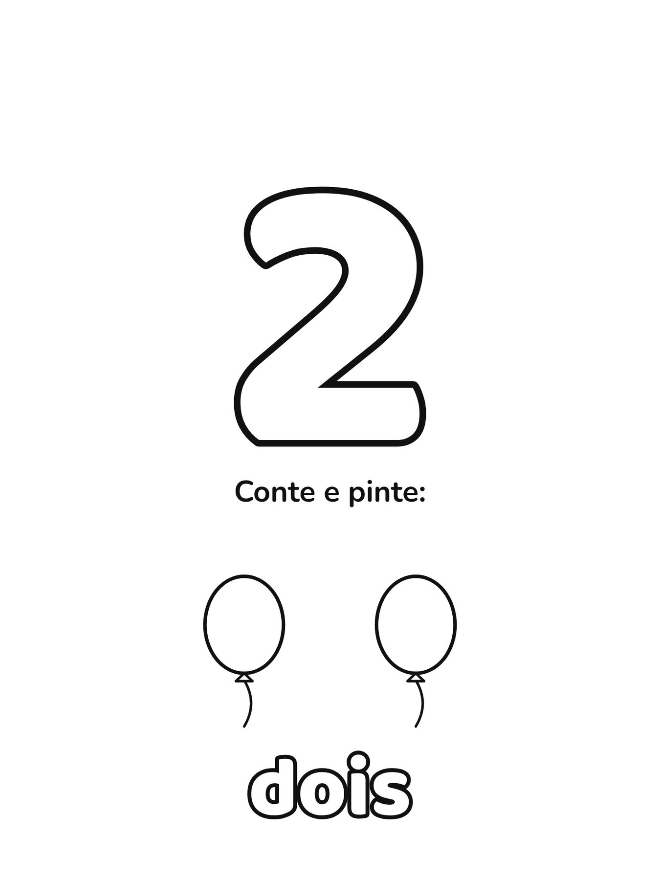 Número 2 grande para colorir com 2 figuras para contar