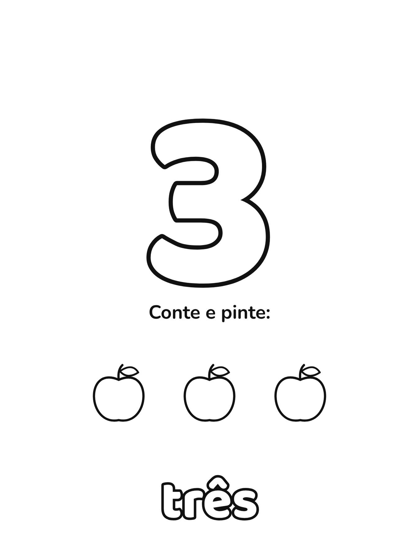 Número 3 grande para colorir com 3 figuras para contar