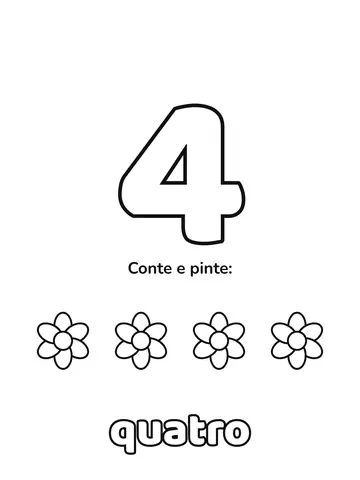 Número 4 grande para colorir com 4 figuras para contar