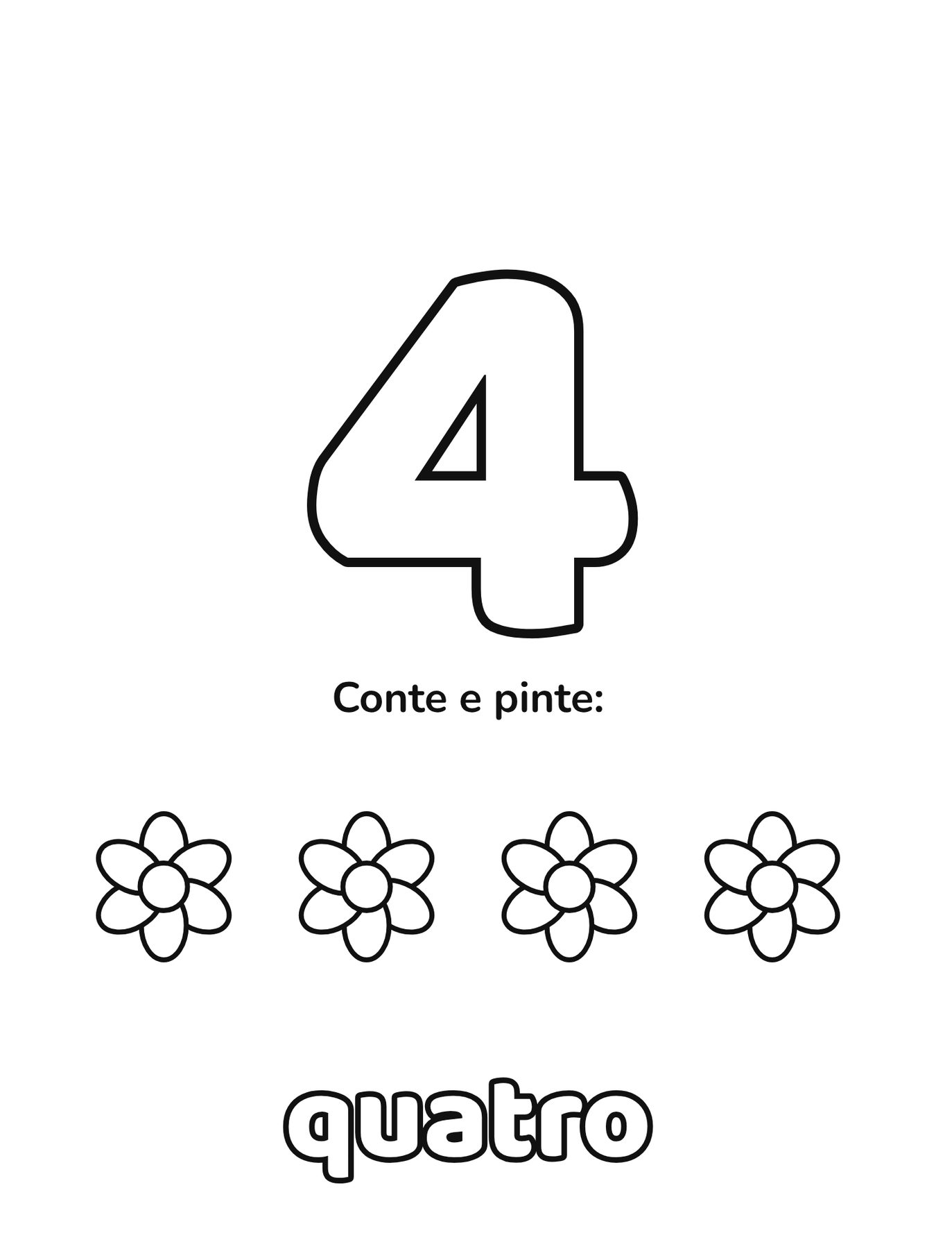 Número 4 grande para colorir com 4 figuras para contar