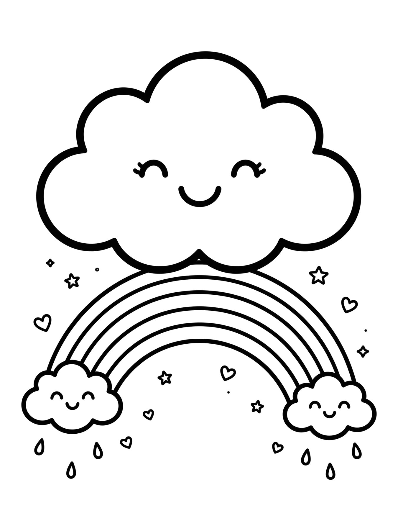 Desenho de nuvem kawaii sobre o arco-íris para colorir