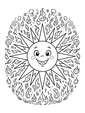 Desenho de o Sol com raios e chamas para colorir