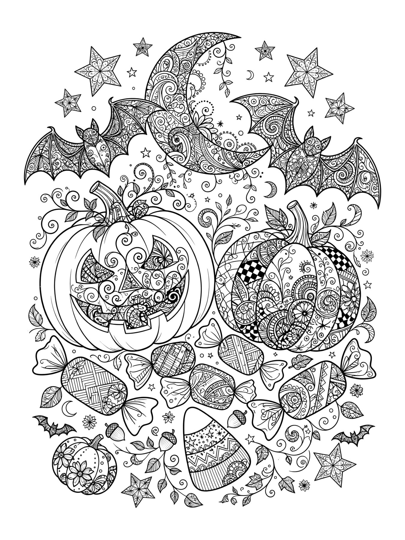 Desenho de padrao de Halloween com abóboras morcegos e doces para colorir