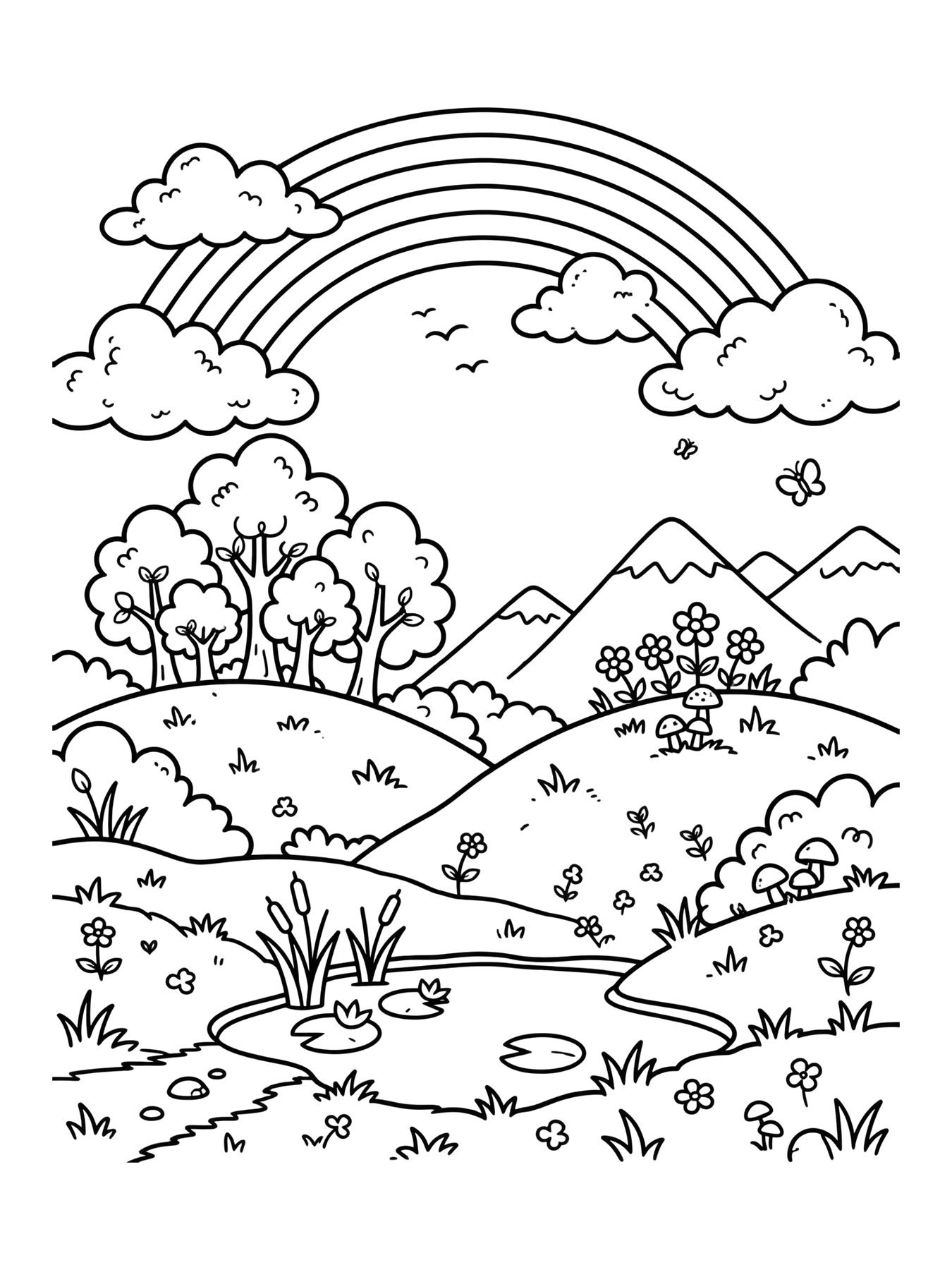 Desenho de paisagem com arco-íris e nuvens para colorir