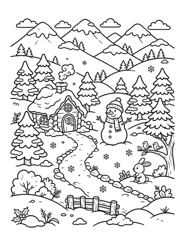 Desenho de paisagem de inverno com neve para colorir