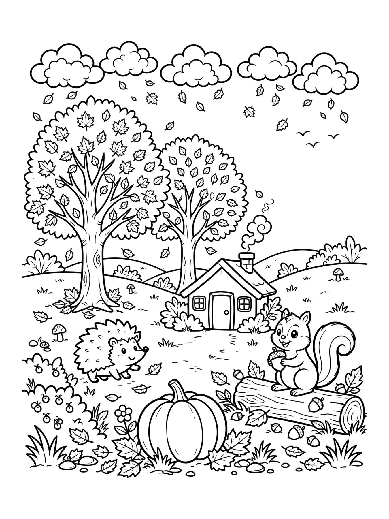 Desenho de paisagem de outono para colorir