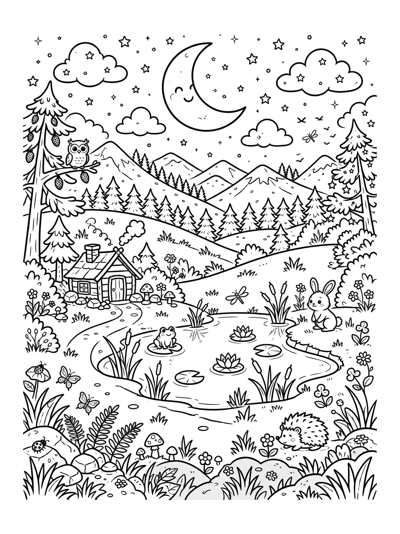 Desenho de paisagem noturna com lua e estrelas para colorir