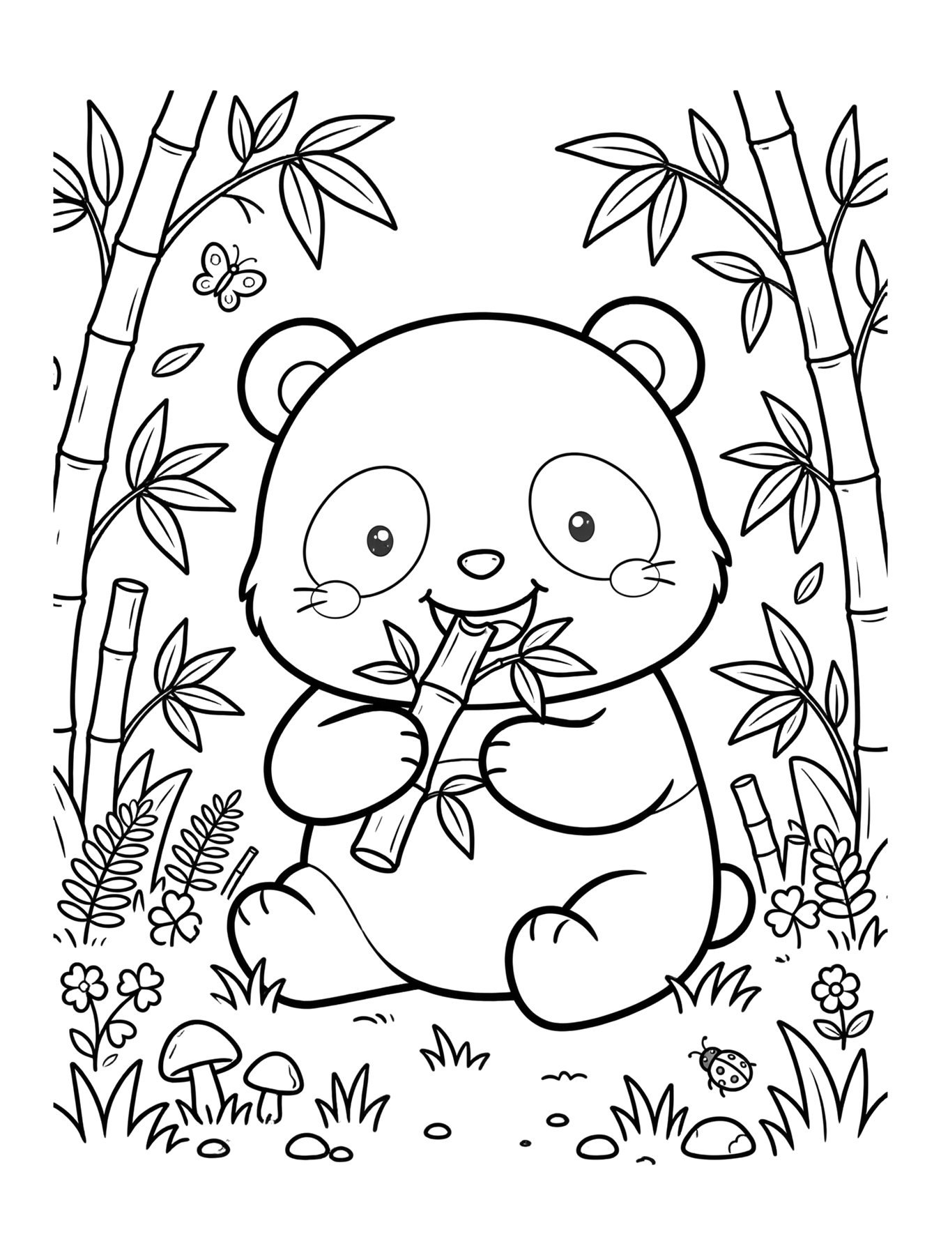 Desenho de panda kawaii na floresta de bambu para colorir