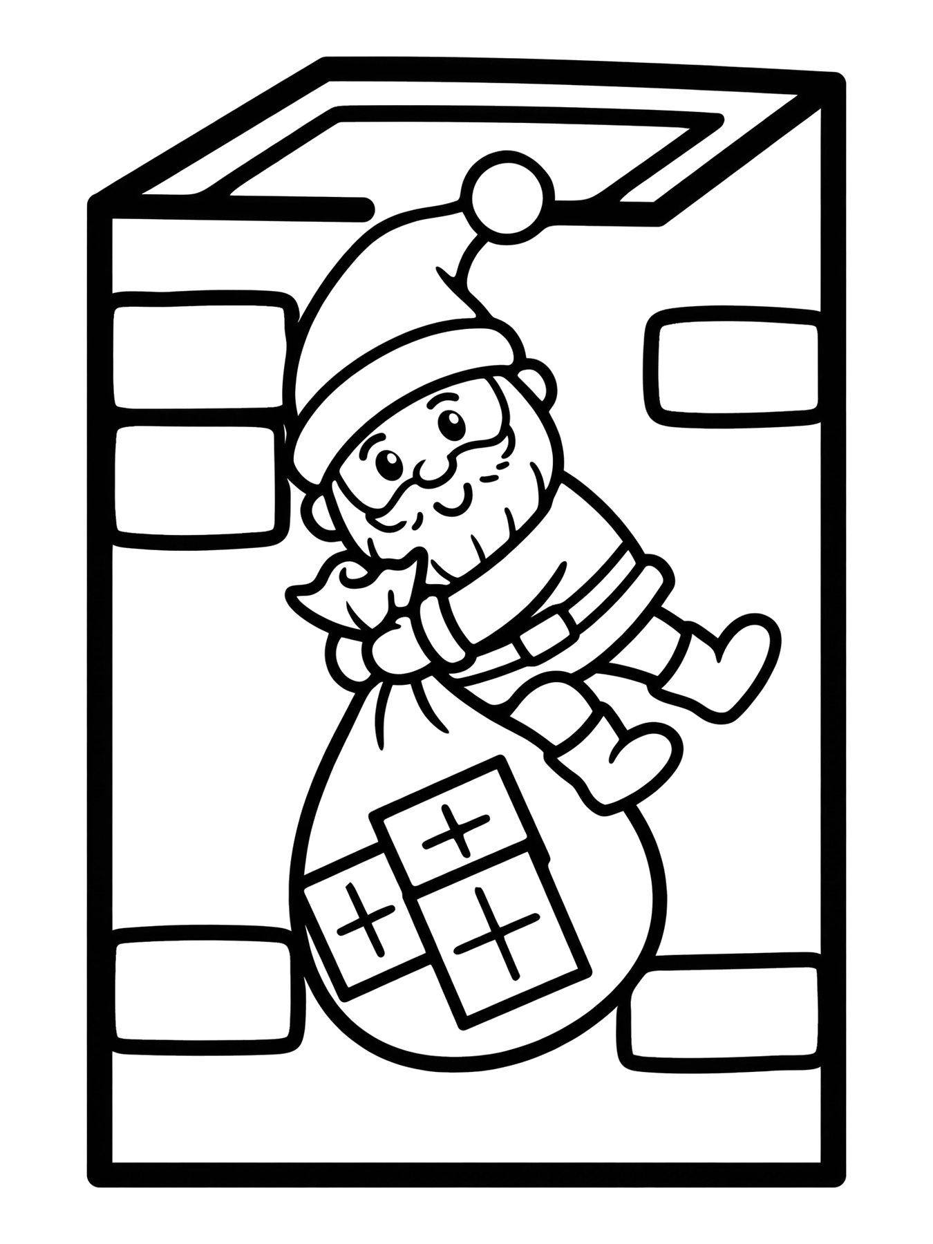 Desenho de papai Noel descendo pela chaminé para colorir