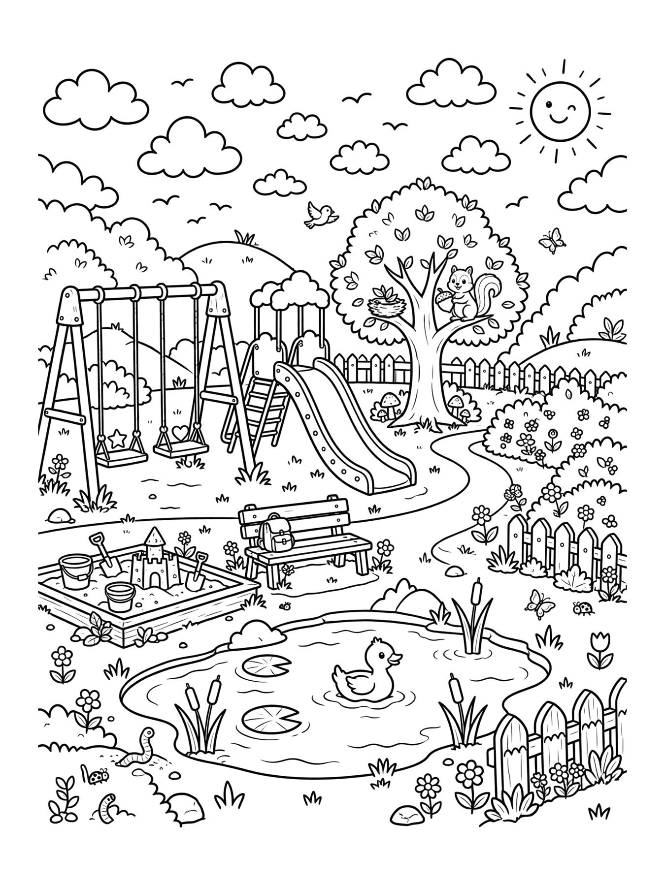 Desenho de parque com balanços para colorir