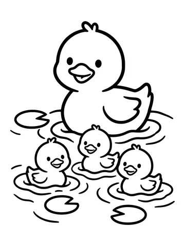 Desenho de pato com patinhos no lago para colorir