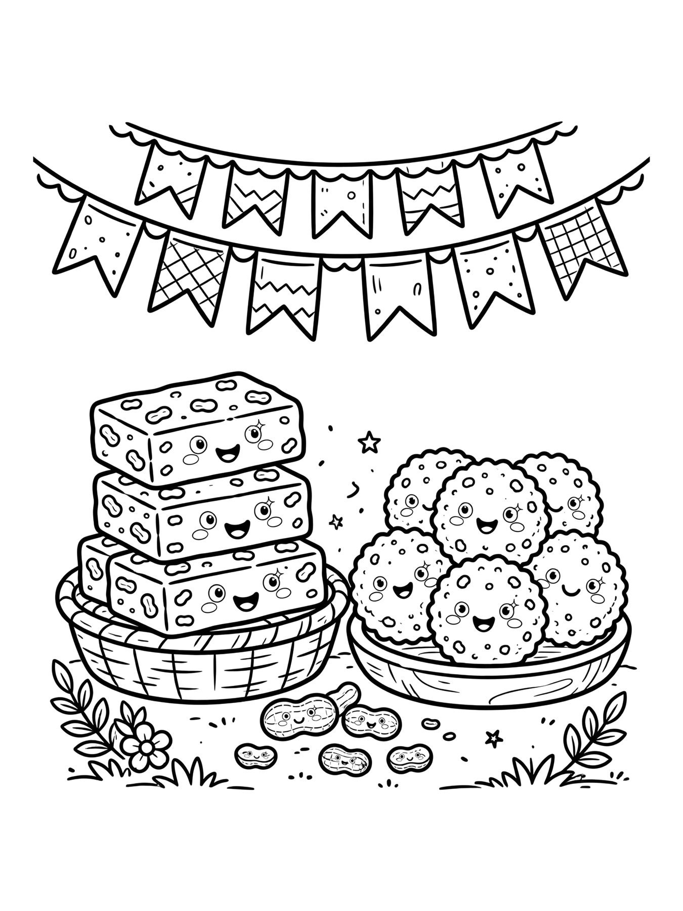 Desenho de pé de moleque e paçoca para colorir