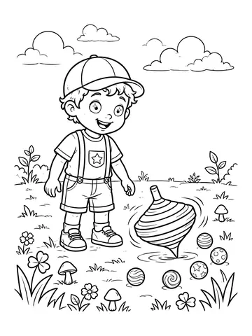 Desenho de pião e bolinhas de gude para colorir