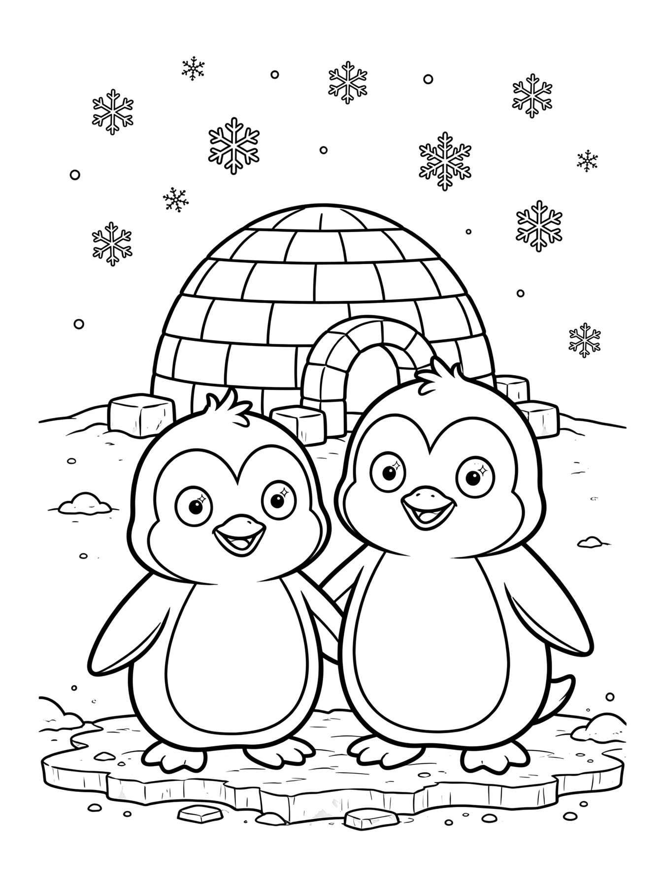 Desenho de pinguins no gelo para colorir