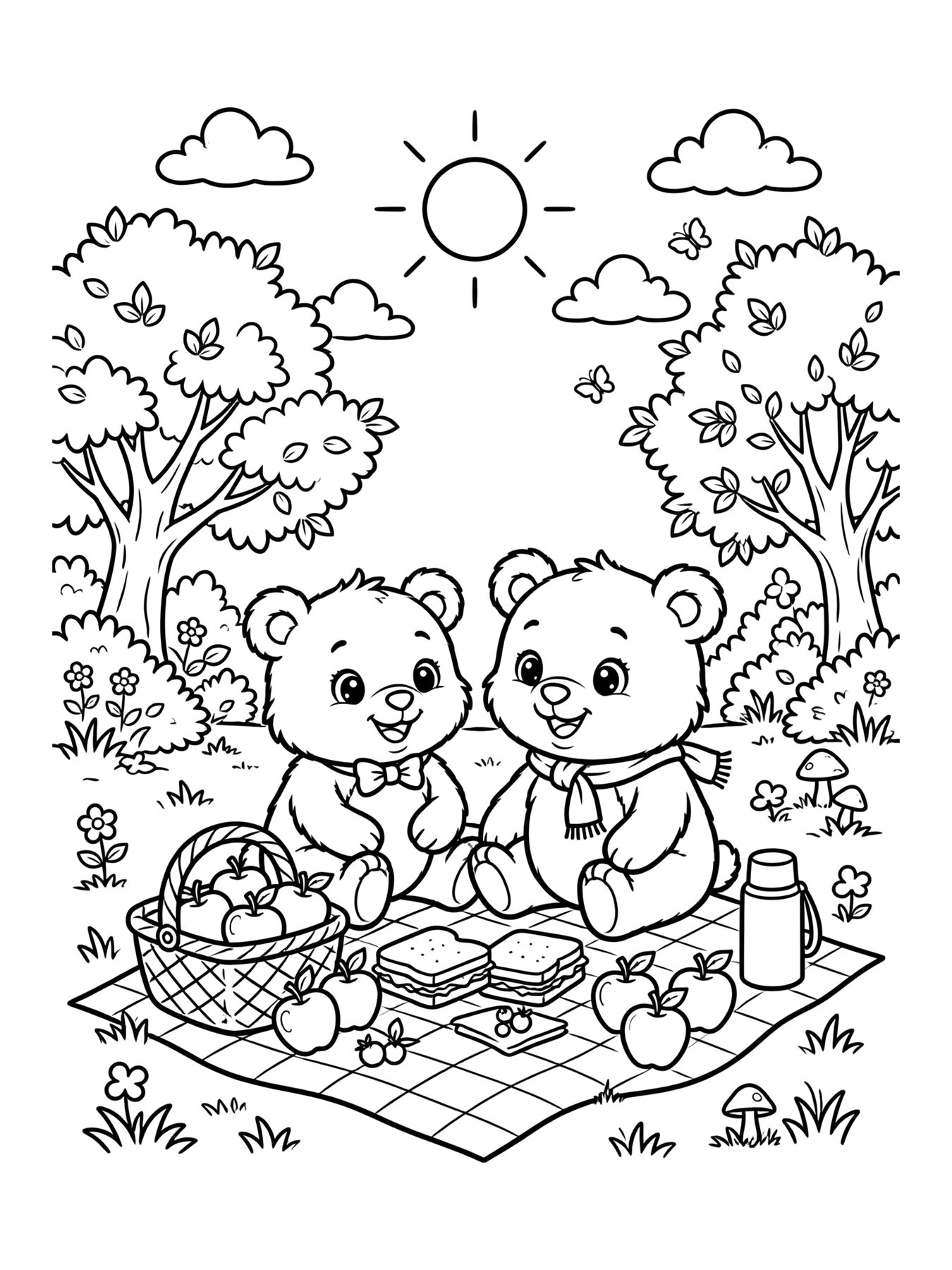 Desenho de piquenique de ursinhos para colorir