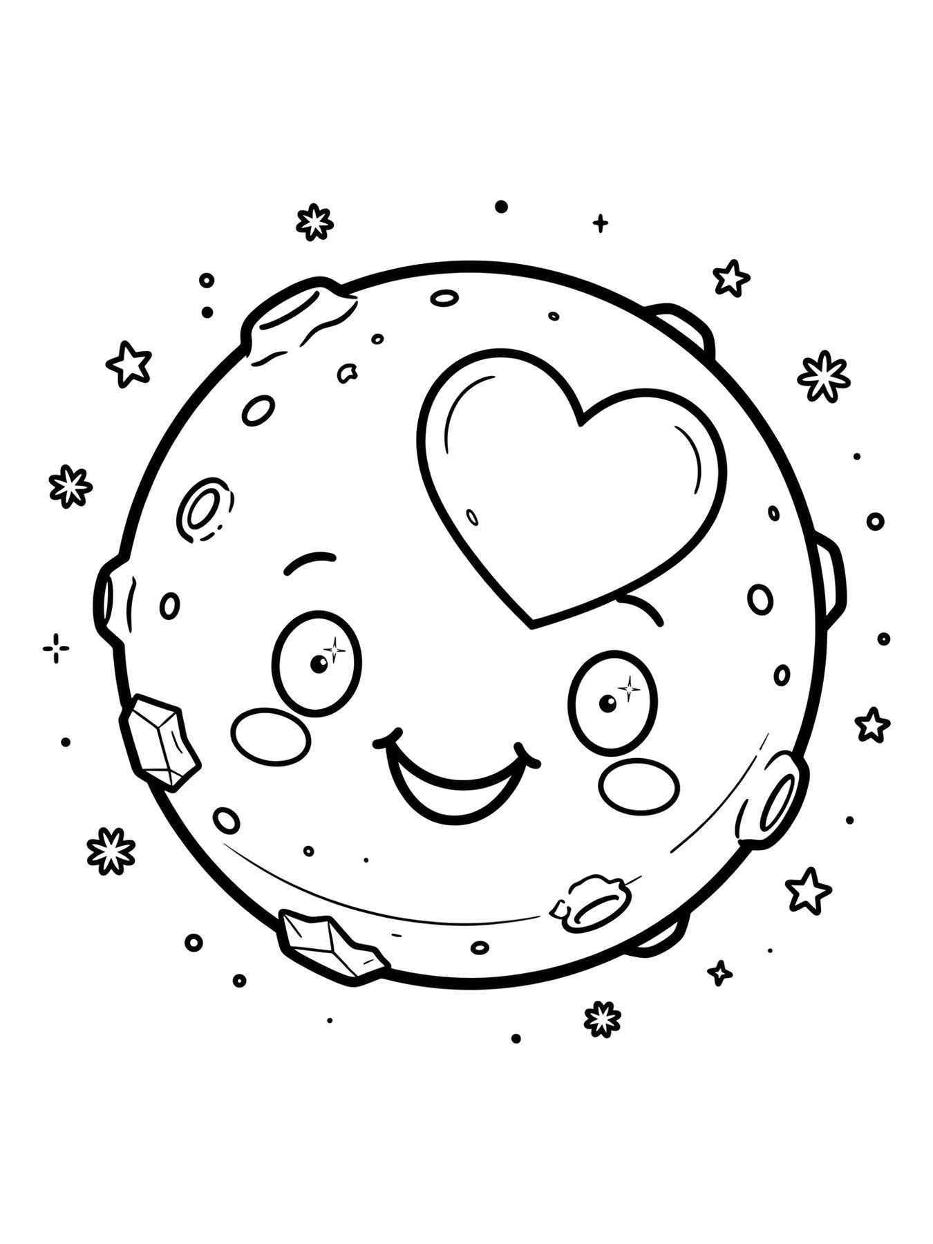 Desenho de plutão, o planeta anão, com coração na superfície para colorir