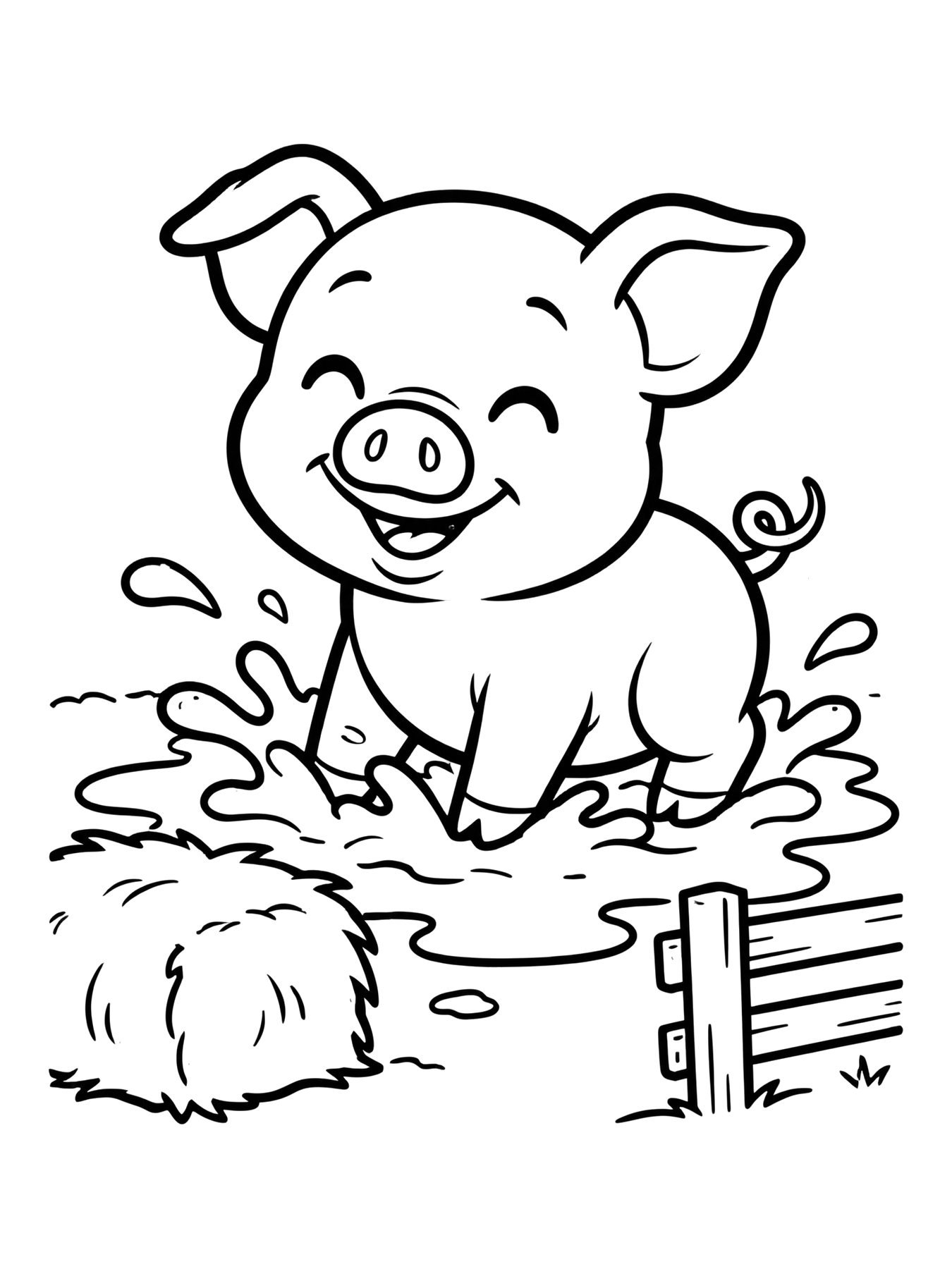 Desenho de porquinho na lama da fazenda para colorir