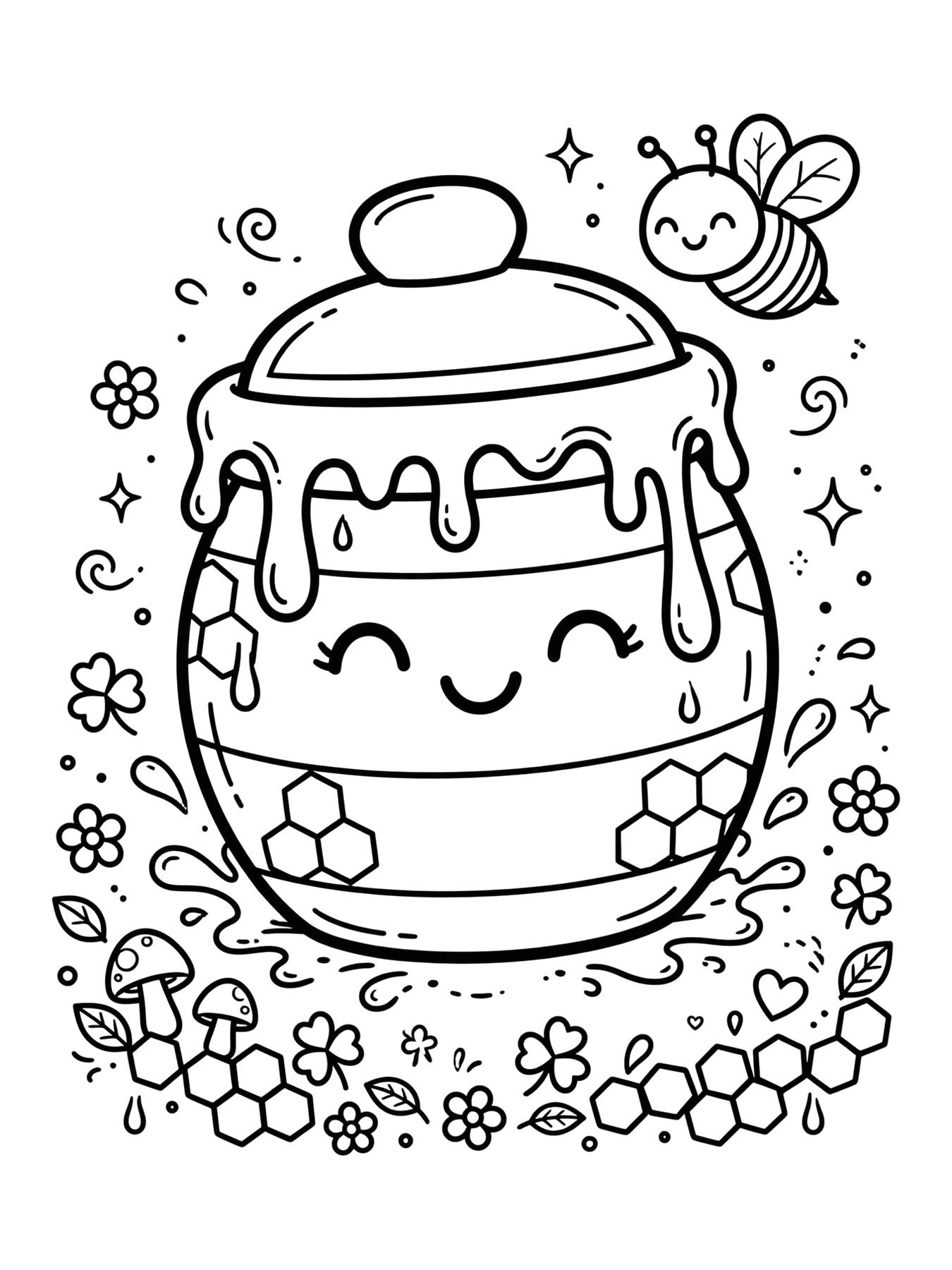 Desenho de pote de mel kawaii para colorir