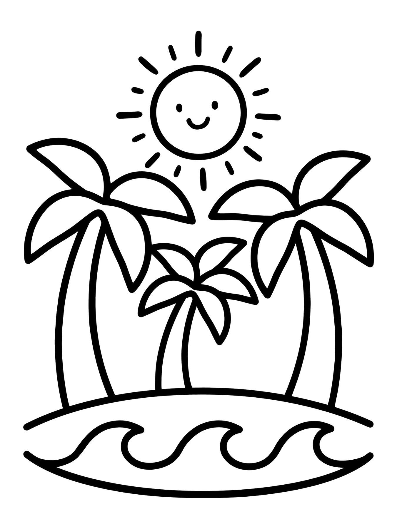 Desenho de praia com coqueiros e sol para colorir