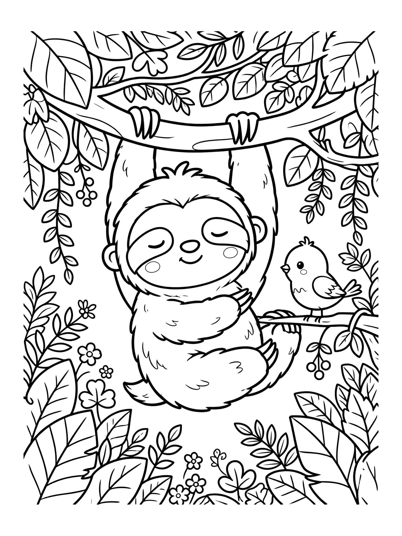 Desenho de preguiça fofa no galho para colorir