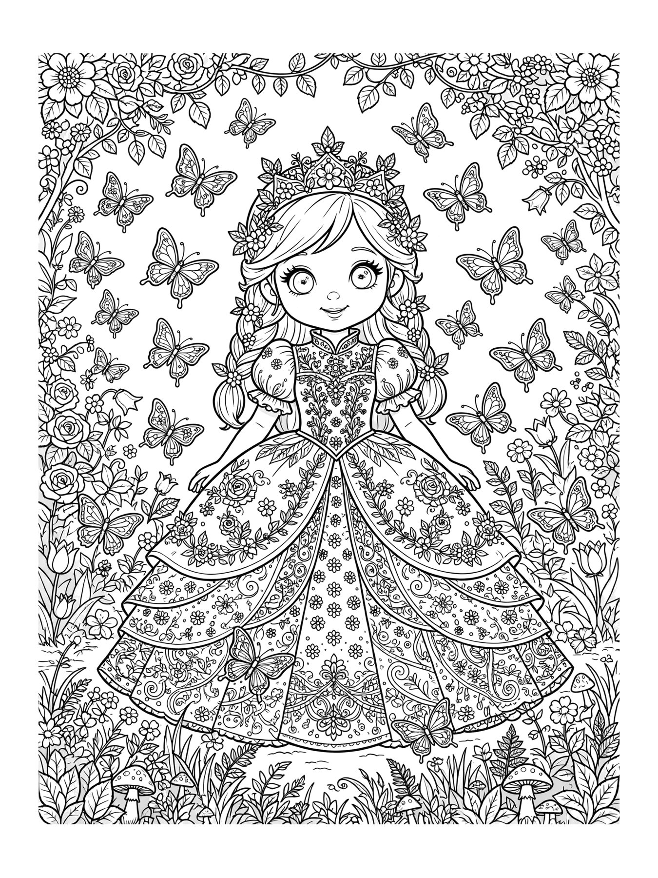 Desenho de princesa com borboletas para colorir