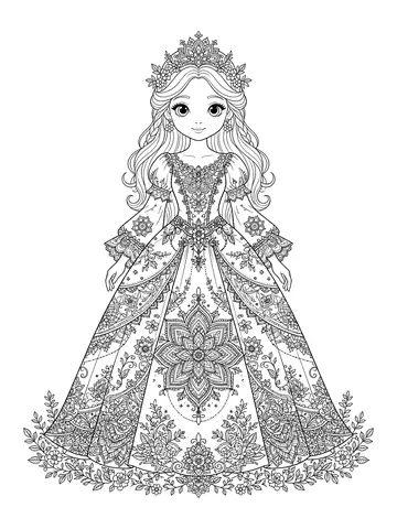 Desenho de princesa com vestido detalhado para colorir para colorir