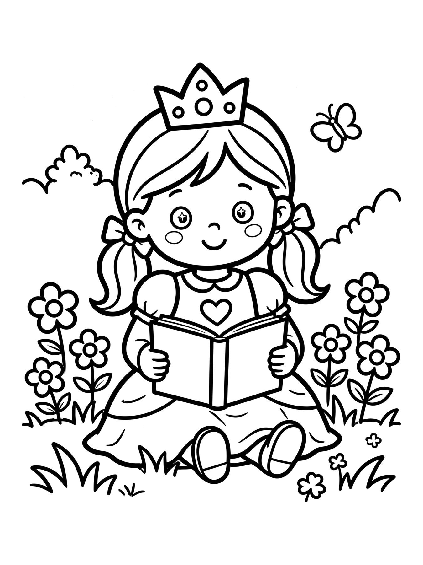Desenho de princesa lendo no jardim para colorir