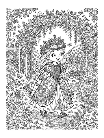 Desenho de princesa no jardim de rosas para colorir