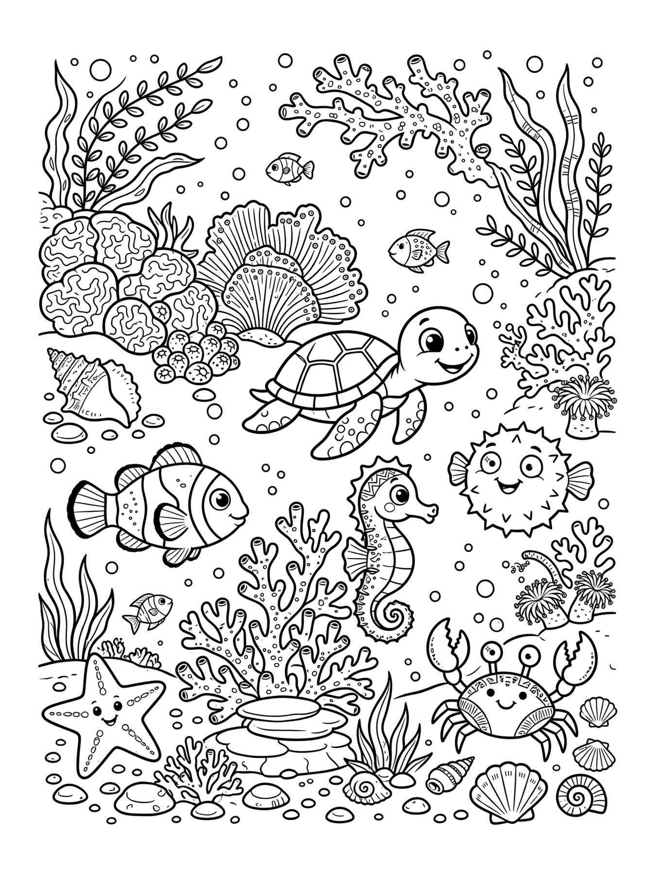 Desenho de recife de corais com peixes para colorir