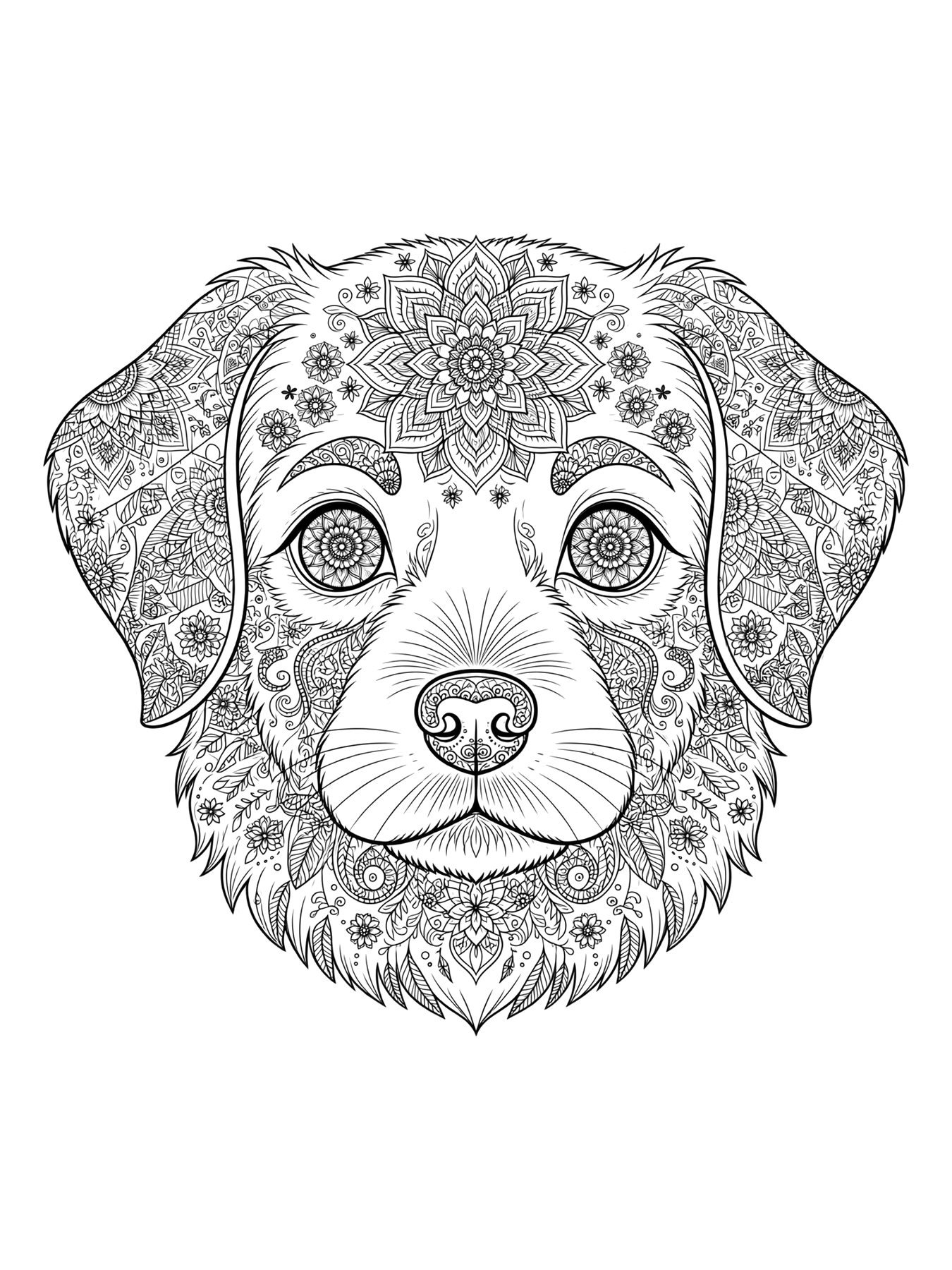 Desenho de retrato de cachorro com padrões detalhados para colorir