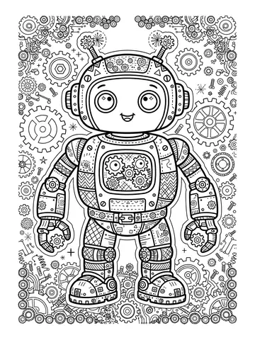Desenho de robô com engrenagens detalhado para colorir