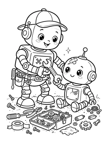 Desenho de robô consertando outro robô com chave para colorir