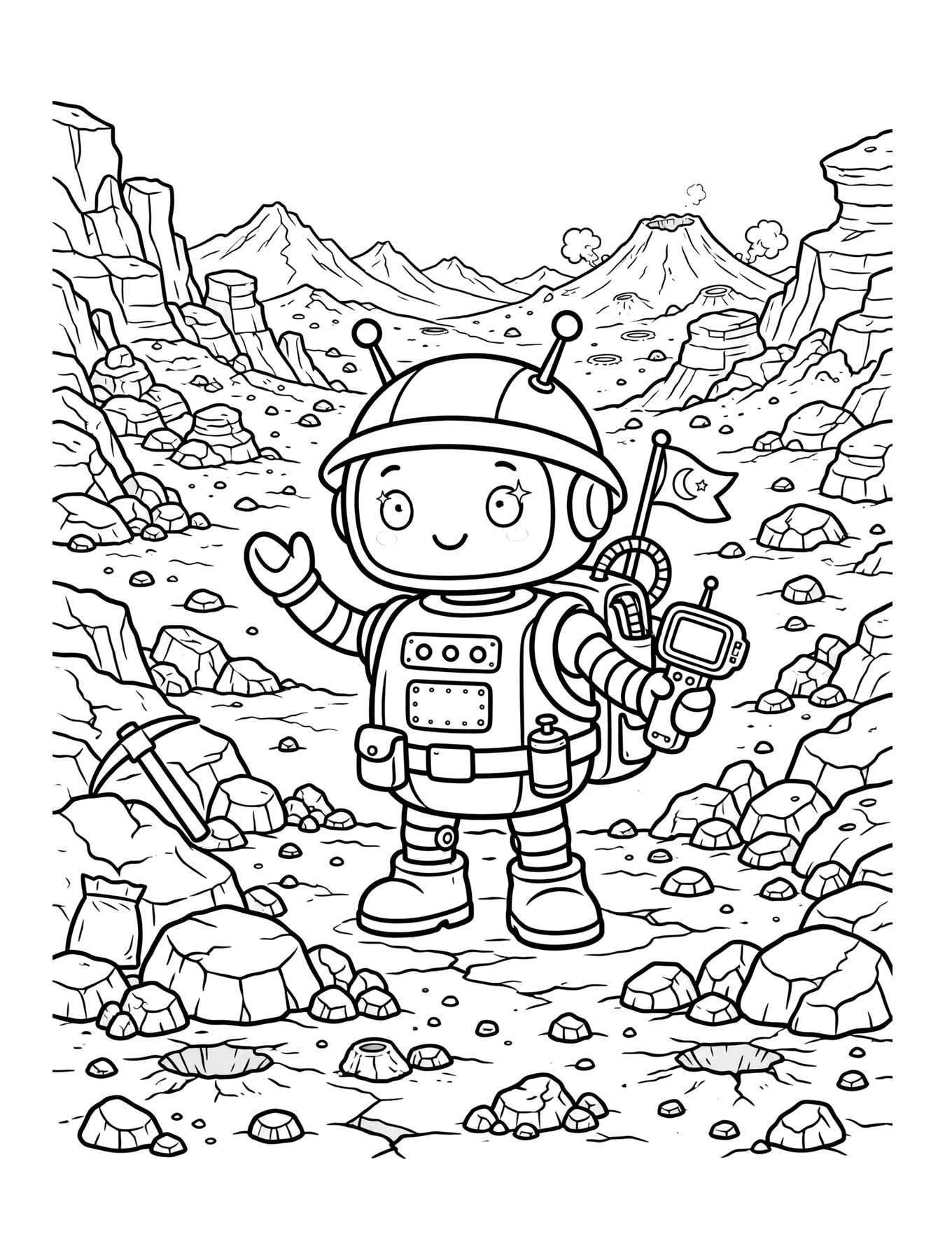 Desenho de robô explorador nas rochas de Marte para colorir